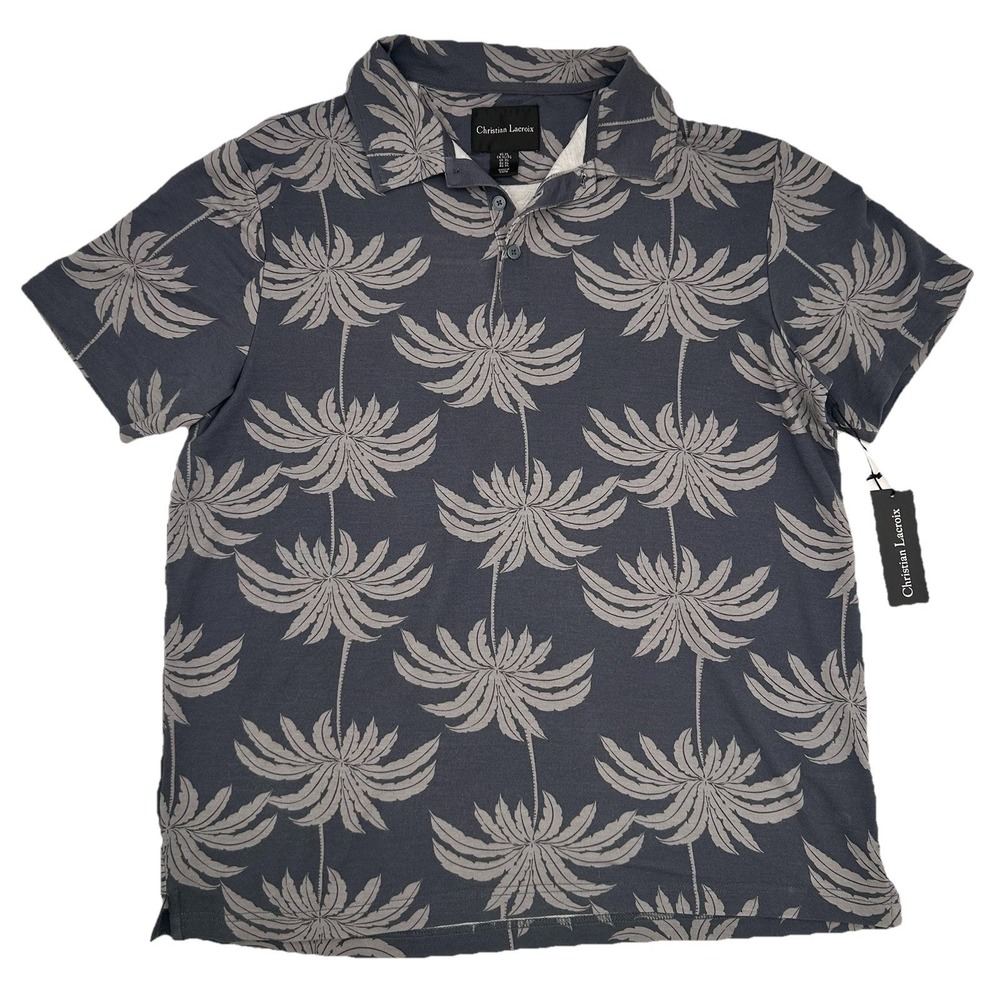 Christian Lacroix Polo Mens XL Gray Palm Tree Short Sleeve Stretch Resort Golf